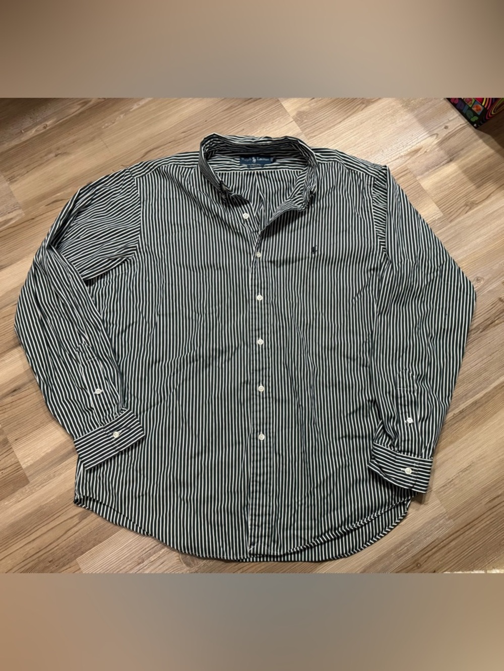 *FLAW* Classic Ralph Lauren Black and White Vertical Stripe Button-Down Shirt